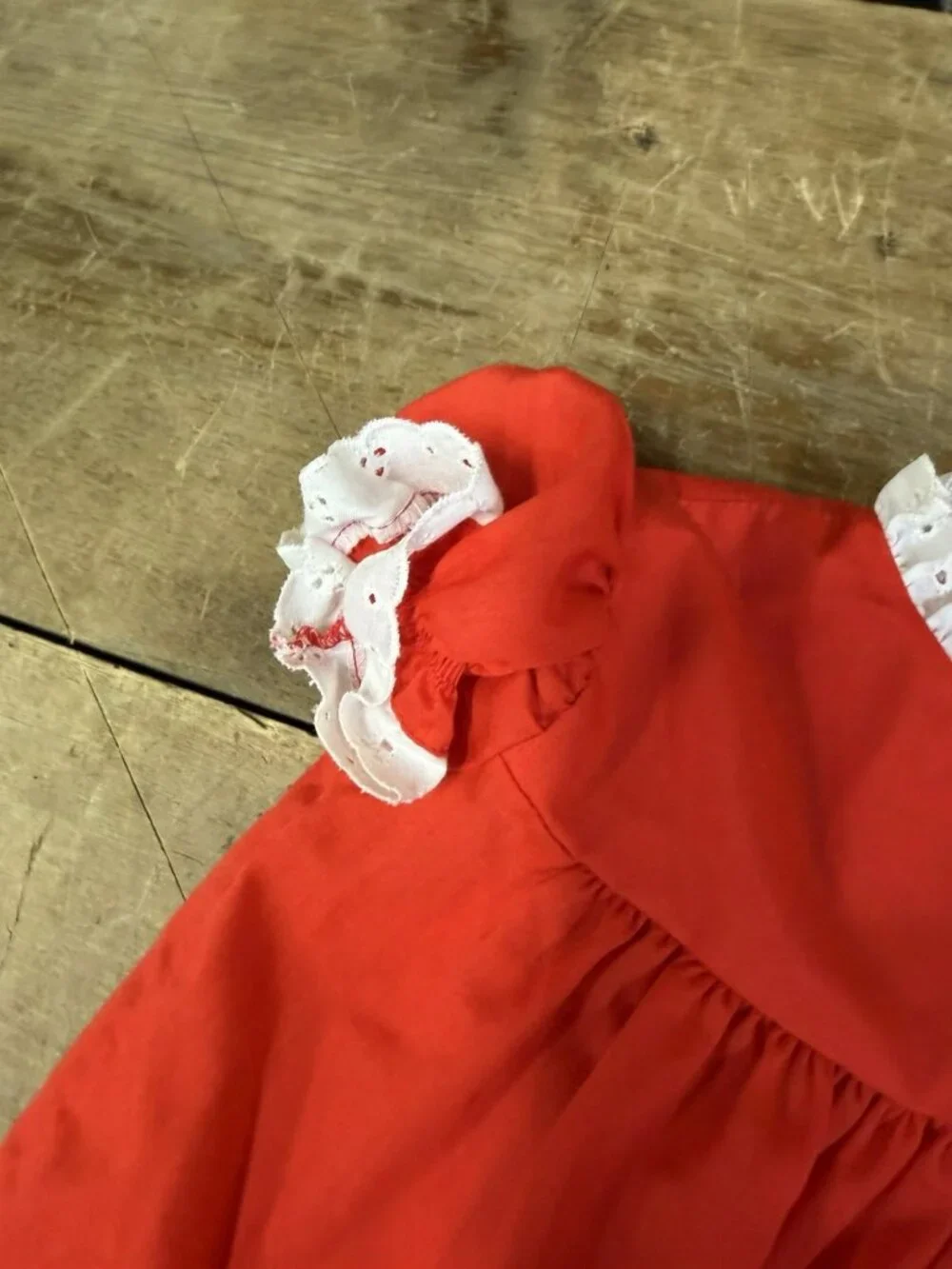 W/ BLOOMERS Vintage 1970s Bryan Red Baby Dress LARGE Fits 6-12M Lace Eyelet Trim